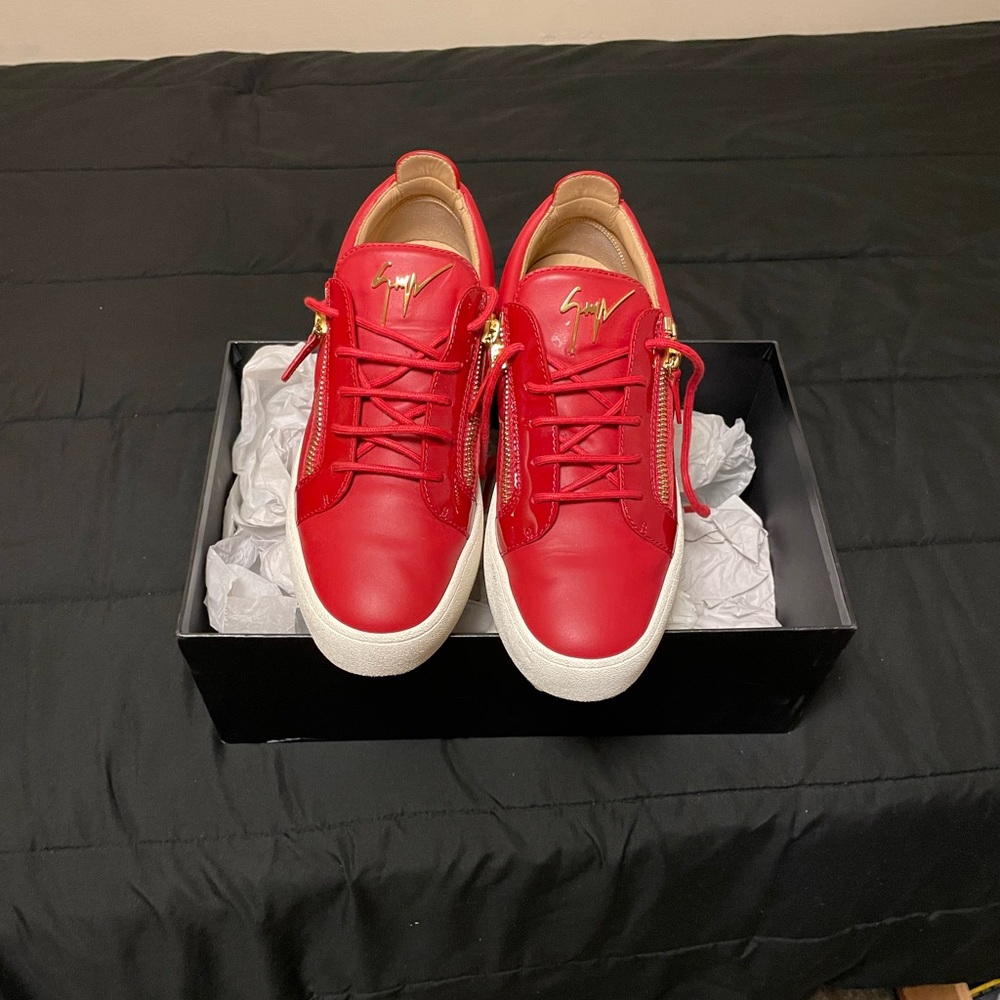 Giuseppe Zanotti - Men's Red London Double-Zip Leather Low-Top Sneakers